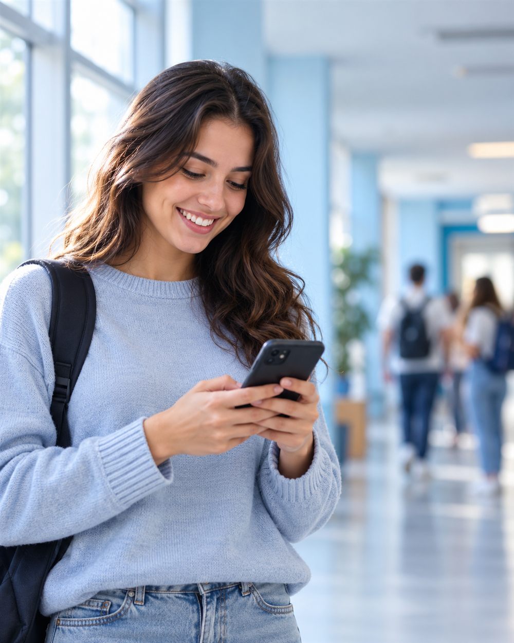 Aluna sorrindo olhando o celular em um corredor de escola (imagem ilustrativa gerada por IA)